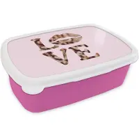 MuchoWow Broodtrommel Roze - Lunchbox Tekst - Love - Pantervacht - Lichtroze - Brooddoos 18x12x6 cm - Brood lunch box - Broodtrommels voor kinderen en volwassenen