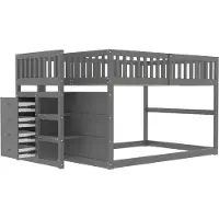 Merax Stapelbed 140 x 200 cm - veiligheidsstapelbed met opbergvak - hoog hekontwerp - houten bed - grijs - zonder matras