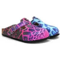 Calceo – Dames Clogs – Paars en Blauw Luipaardprint – Handgemaakt – Vegan Leer – Comfortabele Kurken Zool – Maat 35