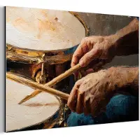 MuchoWow Aluminium schilderij 180x120 cm - Wanddecoratie metaal - Drumstokken - Olieverf - Man - Metalen muurdecoratie woonkamer - Decoratie industrieel - Foto op dibond - Industriële accessoires slaapkamer