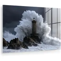 MuchoWow Glasschilderij 180x120 cm - Schilderij acrylglas - Golf - Vuurtoren - Schuimend water - Foto op glas - Muurdecoratie woonkamer - Wanddecoratie slaapkamer - Schilderijen