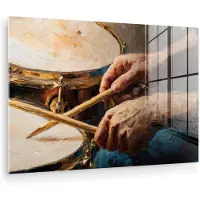 MuchoWow Glasschilderij 180x120 cm - Schilderij acrylglas - Drumstokken - Olieverf - Man - Foto op glas - Muurdecoratie woonkamer - Wanddecoratie slaapkamer - Schilderijen