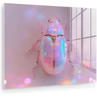 MuchoWow Glasschilderij 160x120 cm - Schilderij acrylglas - Kever - Metallic - Lichteffect - Roze - Foto op glas - Muurdecoratie woonkamer - Wanddecoratie slaapkamer - Schilderijen