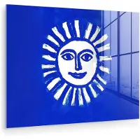 MuchoWow Glasschilderij 160x120 cm - Schilderij acrylglas - Zon - Gezicht - Penseelstructuur - Blauw - Foto op glas - Muurdecoratie woonkamer - Wanddecoratie slaapkamer - Schilderijen