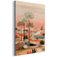 MuchoWow Aluminium schilderij 120x160 cm - Wanddecoratie metaal - Roze landschap - Palmen - Water - Metalen muurdecoratie woonkamer - Decoratie industrieel - Foto op dibond - Industriële accessoires slaapkamer