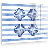 MuchoWow Glasschilderij 160x120 cm - Schilderij acrylglas - Vier schelpen - Blauw - Wit - Strepen - Foto op glas - Muurdecoratie woonkamer - Wanddecoratie slaapkamer - Schilderijen