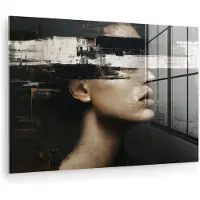 MuchoWow Glasschilderij 180x120 cm - Schilderij acrylglas - Gezicht - Vrouw - Zwart - Abstract - Foto op glas - Muurdecoratie woonkamer - Wanddecoratie slaapkamer - Schilderijen