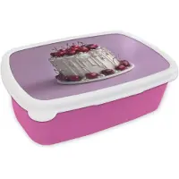 MuchoWow Broodtrommel Roze - Lunchbox Taart - Kersen - Juwelen - Rood - Brooddoos 18x12x6 cm - Brood lunch box - Broodtrommels voor kinderen en volwassenen