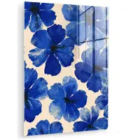 MuchoWow Glasschilderij 120x160 cm - Schilderij acrylglas - Bloemen - Blauw -Patroon - Wit - Foto op glas - Muurdecoratie woonkamer - Wanddecoratie slaapkamer - Schilderijen