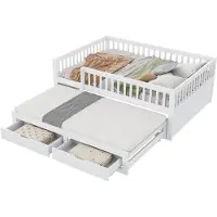 Merax Tweepersoonsbed 140x200 cm met Extra Uitschuifbaar Bed en 2 Opberglades - Massief Houten Kinderbed met Logeerbed 90x190 - Wit