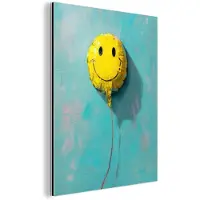 MuchoWow Aluminium schilderij 120x160 cm - Wanddecoratie metaal - Ballon - Geel - Smiley - Metalen muurdecoratie woonkamer - Decoratie industrieel - Foto op dibond - Industriële accessoires slaapkamer