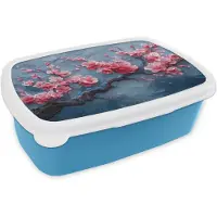 MuchoWow Broodtrommel Blauw - Lunchbox Bloesem - Bloem - Roze - Tak - Brooddoos 18x12x6 cm - Brood lunch box - Broodtrommels voor kinderen en volwassenen