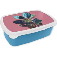 MuchoWow Broodtrommel Blauw - Lunchbox Plant - Bladeren - Stippen - Abstract - Brooddoos 18x12x6 cm - Brood lunch box - Broodtrommels voor kinderen en volwassenen