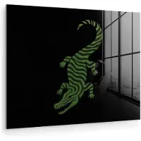 MuchoWow Glasschilderij 160x120 cm - Schilderij acrylglas - Krokodil - Groen - Tijgerachtig - Strepen - Foto op glas - Muurdecoratie woonkamer - Wanddecoratie slaapkamer - Schilderijen