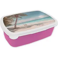 MuchoWow Broodtrommel Roze - Lunchbox Palmboom - Schommel - Strand - Lucht - Brooddoos 18x12x6 cm - Brood lunch box - Broodtrommels voor kinderen en volwassenen