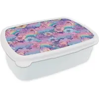 MuchoWow Broodtrommel Wit - Lunchbox Regenbogen - Bloemen - Kleurrijk - Wolken - Brooddoos 18x12x6 cm - Brood lunch box - Broodtrommels voor kinderen en volwassenen
