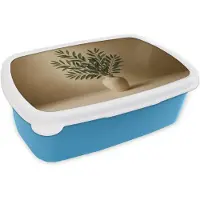 MuchoWow Broodtrommel Blauw - Lunchbox Vaas - Olijftakken - Bladeren - Beige - Brooddoos 18x12x6 cm - Brood lunch box - Broodtrommels voor kinderen en volwassenen
