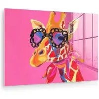 MuchoWow Glasschilderij 180x120 cm - Schilderij acrylglas - Giraf - Roze - Bril - Sjaal - Foto op glas - Muurdecoratie woonkamer - Wanddecoratie slaapkamer - Schilderijen