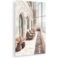 MuchoWow Glasschilderij 120x180 cm - Schilderij acrylglas - Terras - Stoelen - Strand - Beige - Foto op glas - Muurdecoratie woonkamer - Wanddecoratie slaapkamer - Schilderijen