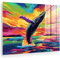 MuchoWow Glasschilderij 160x120 cm - Schilderij acrylglas - Zonsondergang - Walvis - Geschilderd - Kleurrijk - Foto op glas - Muurdecoratie woonkamer - Wanddecoratie slaapkamer - Schilderijen