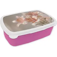 MuchoWow Broodtrommel Roze - Lunchbox Lelies - Meeldraden - Roze - Wazig - Brooddoos 18x12x6 cm - Brood lunch box - Broodtrommels voor kinderen en volwassenen