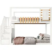 Merax Stapelbed 90x200 cm - Kinderbed met Trap - Opbergladen - Vensterontwerp - Massief Houten Frame met Valbeveiliging - Wit
