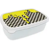MuchoWow Broodtrommel Wit - Lunchbox Geblokt - Grafisch - Vloeistof - Geel - Brooddoos 18x12x6 cm - Brood lunch box - Broodtrommels voor kinderen en volwassenen