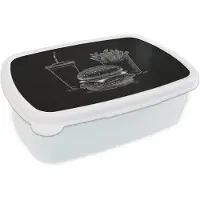 MuchoWow Broodtrommel Wit - Lunchbox Hamburger - Friet - Frisdrank - Krijttekening - Brooddoos 18x12x6 cm - Brood lunch box - Broodtrommels voor kinderen en volwassenen