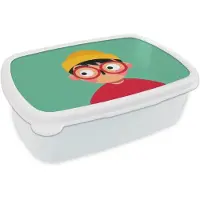 MuchoWow Broodtrommel Wit - Lunchbox Jongen - Cartoon - Bril - Muts - Brooddoos 18x12x6 cm - Brood lunch box - Broodtrommels voor kinderen en volwassenen