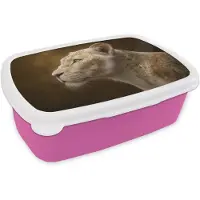 MuchoWow Broodtrommel Roze - Lunchbox Leeuwin - Bloemen - Wit - Goud - Brooddoos 18x12x6 cm - Brood lunch box - Broodtrommels voor kinderen en volwassenen