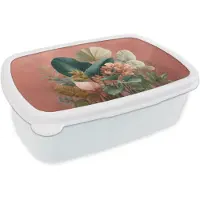MuchoWow Broodtrommel Wit - Lunchbox Tropische bladeren - Bloemen - Roze - groen - Brooddoos 18x12x6 cm - Brood lunch box - Broodtrommels voor kinderen en volwassenen