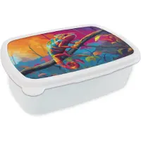 MuchoWow Broodtrommel Wit - Lunchbox Kameleon - Tak - Gestreept - Bladeren - Brooddoos 18x12x6 cm - Brood lunch box - Broodtrommels voor kinderen en volwassenen
