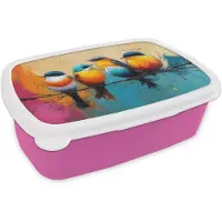 MuchoWow Broodtrommel Roze - Lunchbox Vogels - Kleurrijk - Tak - Abstract - Brooddoos 18x12x6 cm - Brood lunch box - Broodtrommels voor kinderen en volwassenen
