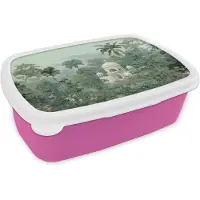 MuchoWow Broodtrommel Roze - Lunchbox Tropische tuin - Koepelgebouw - Bloemen - Brooddoos 18x12x6 cm - Brood lunch box - Broodtrommels voor kinderen en volwassenen