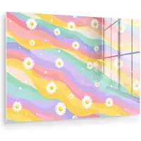 MuchoWow Glasschilderij 180x120 cm - Schilderij acrylglas - Madeliefjes - Kleurrijk - Pastel - Vrolijk - Foto op glas - Muurdecoratie woonkamer - Wanddecoratie slaapkamer - Schilderijen