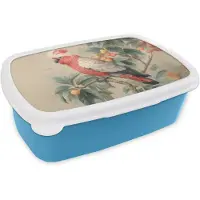 MuchoWow Broodtrommel Blauw - Lunchbox Roze kuifkaketoe - Tak met vruchten - Bladeren - Brooddoos 18x12x6 cm - Brood lunch box - Broodtrommels voor kinderen en volwassenen