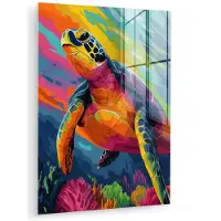 MuchoWow Glasschilderij 120x160 cm - Schilderij acrylglas - Koraal - Schildpad - Abstract - Water - Foto op glas - Muurdecoratie woonkamer - Wanddecoratie slaapkamer - Schilderijen