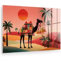 MuchoWow Glasschilderij 180x120 cm - Schilderij acrylglas - Kameel - Gekleurd tapijt - Duinen - Rode zon - Foto op glas - Muurdecoratie woonkamer - Wanddecoratie slaapkamer - Schilderijen