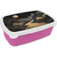 MuchoWow Broodtrommel Roze - Lunchbox Gouden rivier - Bergen - Maan - Sterrenhemel - Brooddoos 18x12x6 cm - Brood lunch box - Broodtrommels voor kinderen en volwassenen