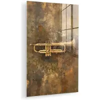 MuchoWow Glasschilderij 120x180 cm - Schilderij acrylglas - Trompet - Geel - Muzikaal - Foto op glas - Muurdecoratie woonkamer - Wanddecoratie slaapkamer - Schilderijen