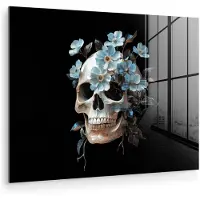 MuchoWow Glasschilderij 160x120 cm - Schilderij acrylglas - Schedel - Blauw - Bloemen - Bladeren - Foto op glas - Muurdecoratie woonkamer - Wanddecoratie slaapkamer - Schilderijen