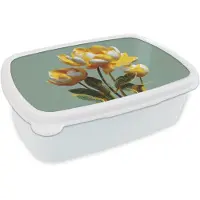 MuchoWow Broodtrommel Wit - Lunchbox Bloemen - Geel - Bladeren - Structuur - Brooddoos 18x12x6 cm - Brood lunch box - Broodtrommels voor kinderen en volwassenen