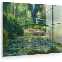 MuchoWow Glasschilderij 160x120 cm - Schilderij acrylglas - Brug - Hout - Vijver - Waterlelies - Foto op glas - Muurdecoratie woonkamer - Wanddecoratie slaapkamer - Schilderijen