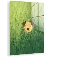 MuchoWow Glasschilderij 120x160 cm - Schilderij acrylglas - Hondje - Gras - Oren - Bruin - Foto op glas - Muurdecoratie woonkamer - Wanddecoratie slaapkamer - Schilderijen