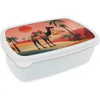 MuchoWow Broodtrommel Wit - Lunchbox Kameel - Gekleurd tapijt - Duinen - Rode zon - Brooddoos 18x12x6 cm - Brood lunch box - Broodtrommels voor kinderen en volwassenen