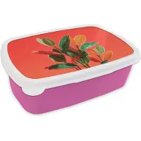 MuchoWow Broodtrommel Roze - Lunchbox Bladeren - Nerven - Oranje - Structuur - Brooddoos 18x12x6 cm - Brood lunch box - Broodtrommels voor kinderen en volwassenen