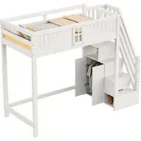 Merax Massief Houten Hoogslaper 90x200 cm – Veiligheidspoort met Raam, Zijopslag en Wisselbare Ladder – Wit