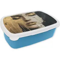 MuchoWow Broodtrommel Blauw - Lunchbox Abstract - Goud - Gezicht - Lippen - Brooddoos 18x12x6 cm - Brood lunch box - Broodtrommels voor kinderen en volwassenen