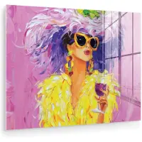 MuchoWow Glasschilderij 160x120 cm - Schilderij acrylglas - Zonnebril - Vrouw - Jas - Veren - Foto op glas - Muurdecoratie woonkamer - Wanddecoratie slaapkamer - Schilderijen