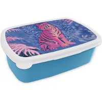 MuchoWow Broodtrommel Blauw - Lunchbox Tijger - Roze - Bladeren - Jungle - Brooddoos 18x12x6 cm - Brood lunch box - Broodtrommels voor kinderen en volwassenen